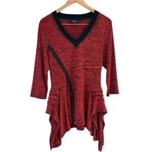 V-Neck Asymmetrical Pleated Hem Red Top Bohemian Arsty Sz L Liquid Knit Kaktus